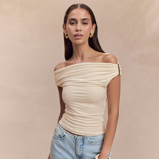Women's Solid Color Pleated Off-shoulder Slim Off-shoulder Top