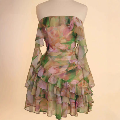 Chiffon Printed Ruffled Cloak Wrapped Chest A- Line Dress