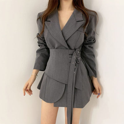 New Adjustable Double Belt Coat Female Slimming False Two-piece Skirt Suit