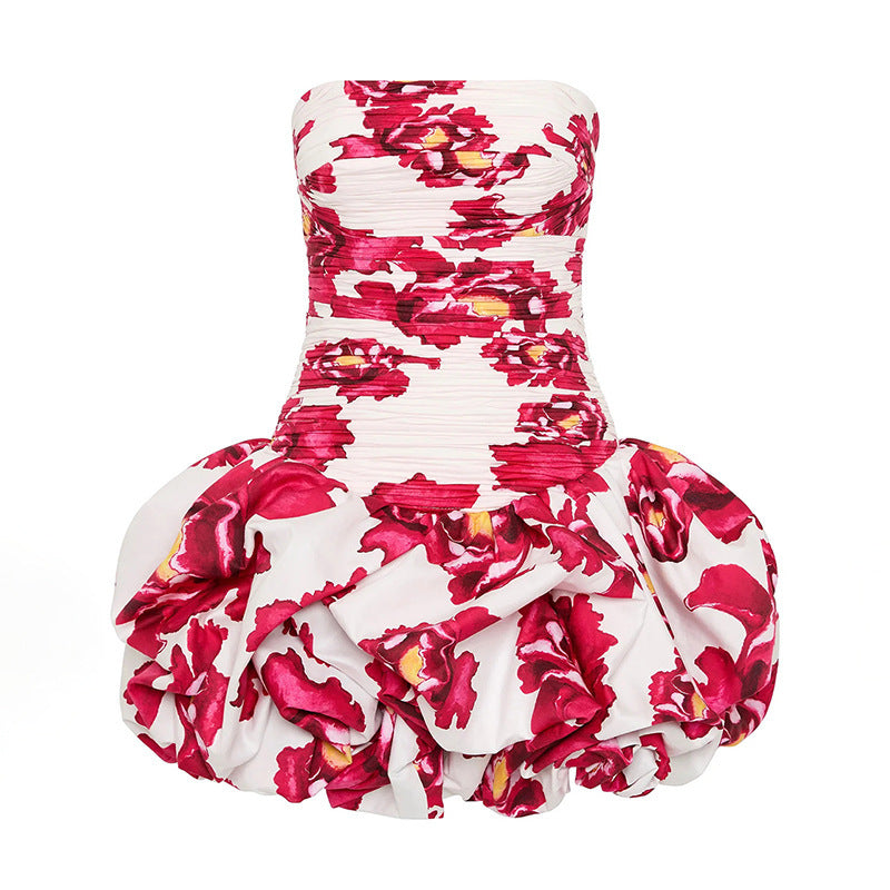 Off-the-shoulder Tube Top Floral Pleated Sexy Dress