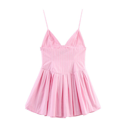 Bow Decoration Striped Short Style Sling Dress