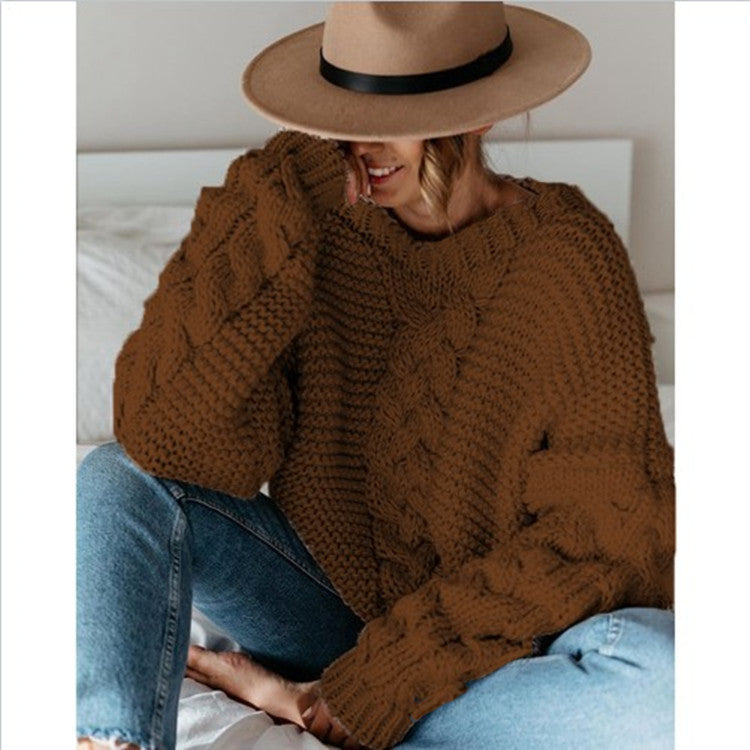 Solid color pullover round neck twist loose sweater