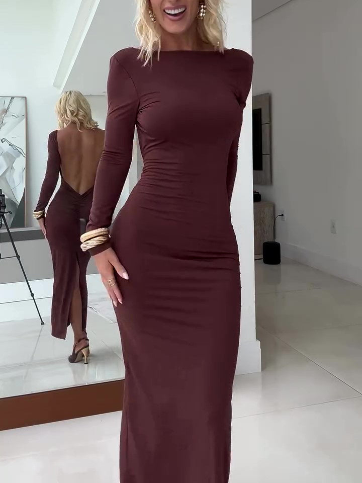 Brown Backless Long Sleeve Maxi Dress