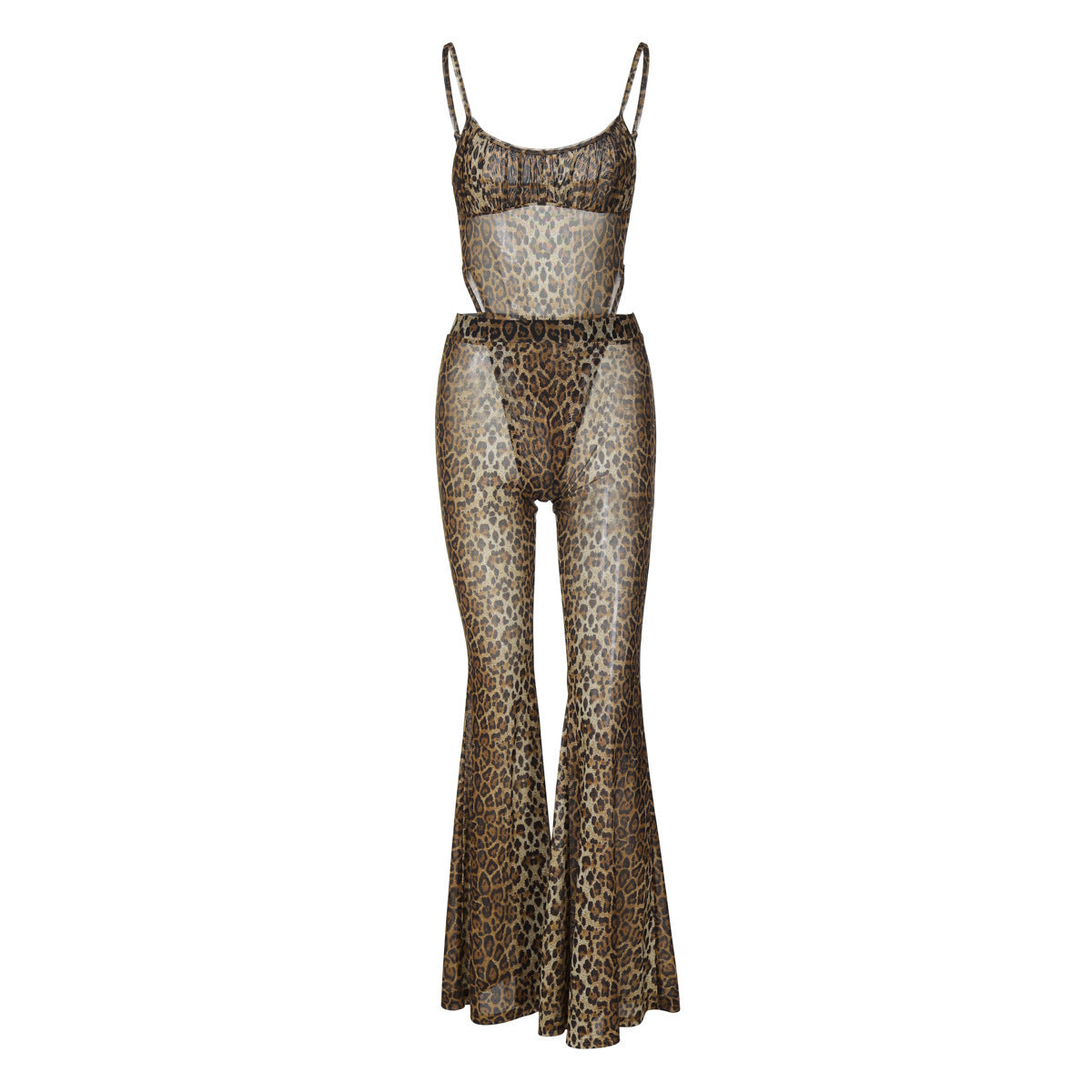 European And American Sexy Hot Girl Sleeveless Jumpsuit See-through Leopard Print Bell-bottom Pants Suit