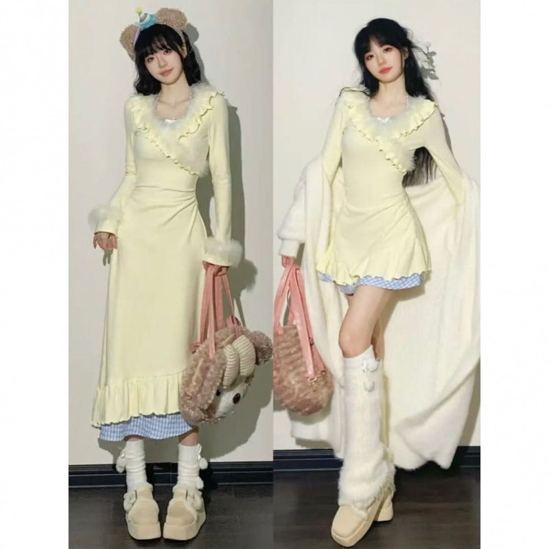 Pure Desire Style Sweet Dress Spring And Autumn Ruffled Waist-tight Slimming Sense Of Design V-neck Patchwork Fake Two Pieces