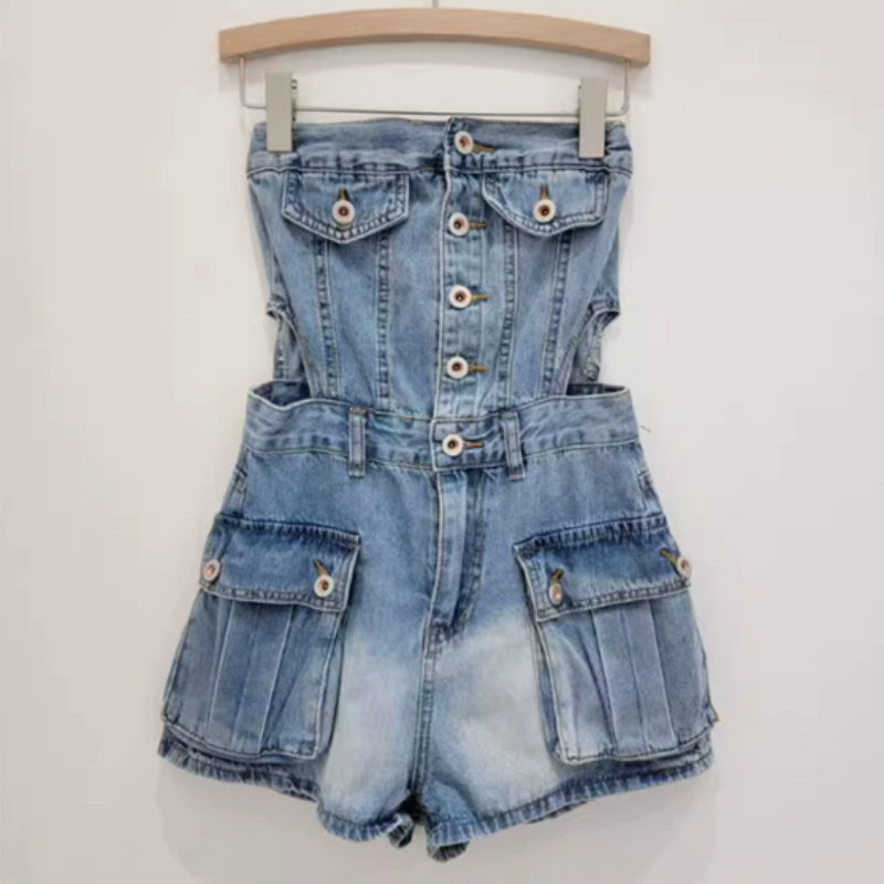 Hot Girl Breasted Hollow-out Midriff Tube Top Cowboy Siamese Shorts For Women