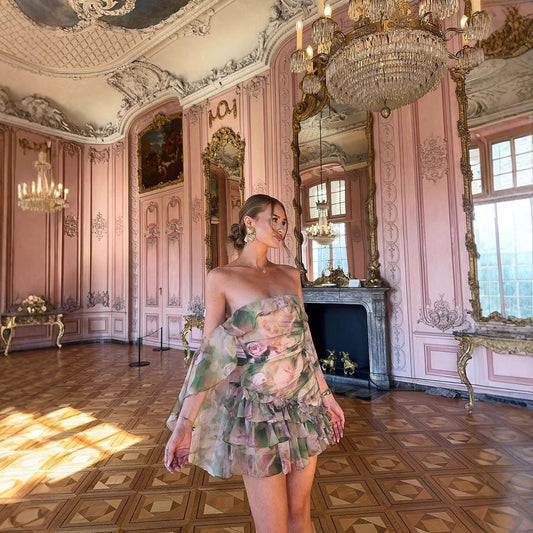 Chiffon Printed Ruffled Cloak Wrapped Chest A- Line Dress