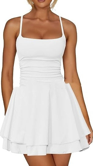 Solid Color Strappy Low-cut Backless Short Dress