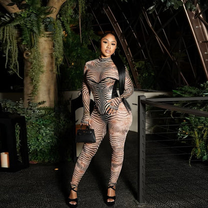 European And American Sexy Fashion Zebra Prints Mesh Finger Fit Design Long Sleeve High Waist One-piece Trousers