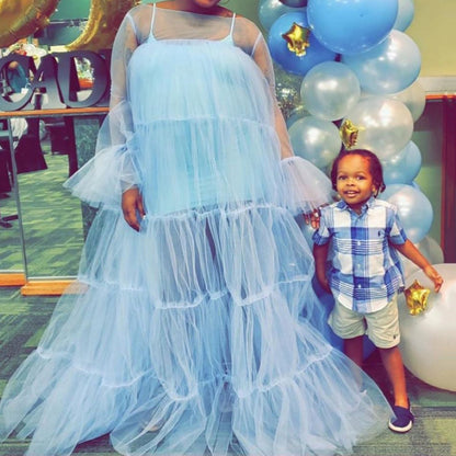 Spring And Summer New Women's Clothes Straps Tulle Long Sleeve Big Hem Dress