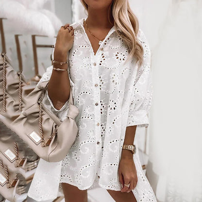 Women's Floral Eyelet Embroidery Collared Half Sleeve Blouses Button Down Casual Shirts