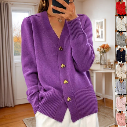 V-neck Knitted Sweater With Love Button Fashion Solid Long-sleeved Cardigan Spring And Autumn Women's Clothing