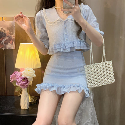 Women's Fashion Bubble Sleeve Doll Collar Shirt Skirt Set