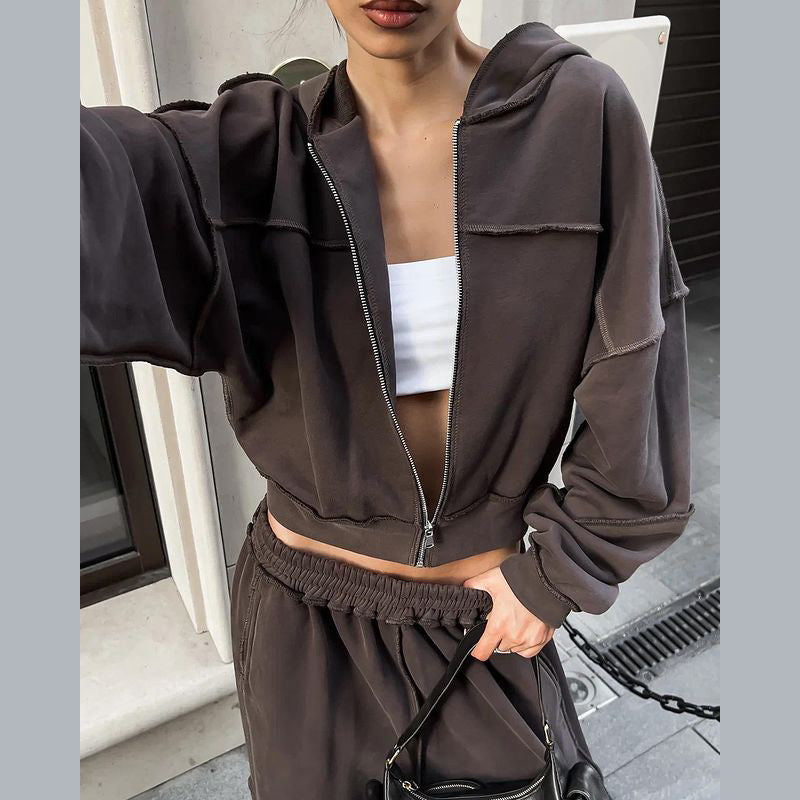 Long Sleeve Zipper Coat Casual Loose Trousers Suit Women