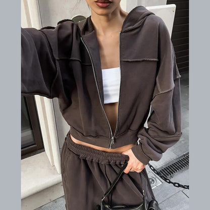 Long Sleeve Zipper Coat Casual Loose Trousers Suit Women