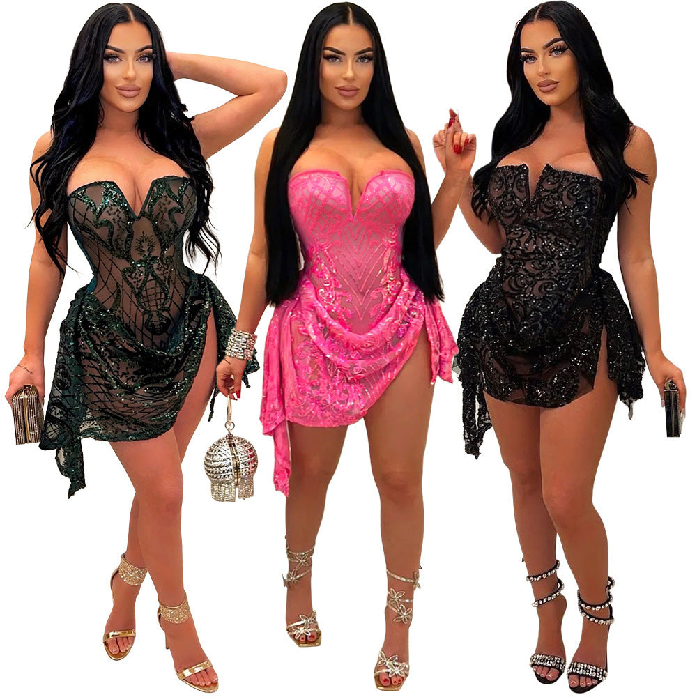 European And American Sexy V-neck Tube Top See-through Sequins Dress Women