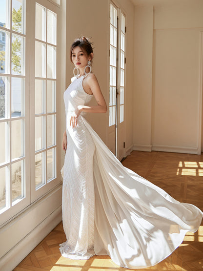 Streamer White Sequined Fishtail High-end Ribbon Dress