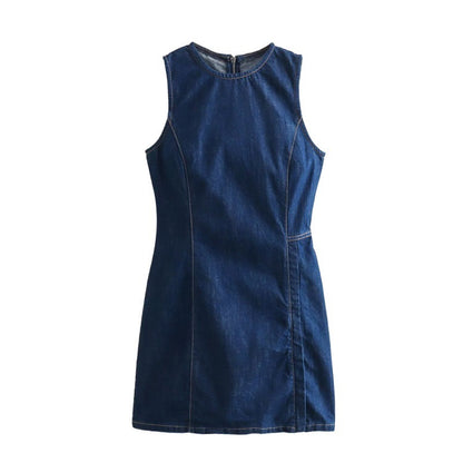 French Fashion Round Neck Slim Fit Denim Sleeveless Dress