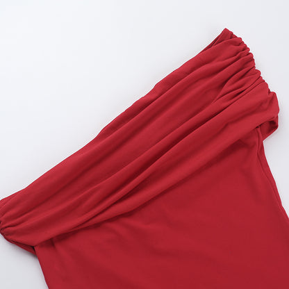 Cloud Sense Oblique Shoulder Fitted Waist Pleated T-shirt