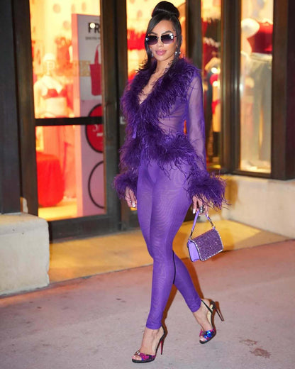 Fur Collar Trendy Lace Up Top Tight Stretch Trousers Suit