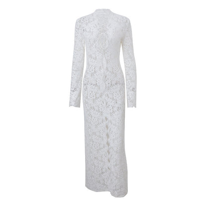Lace Stitching Fashion Street Slit Long Sleeve Dress
