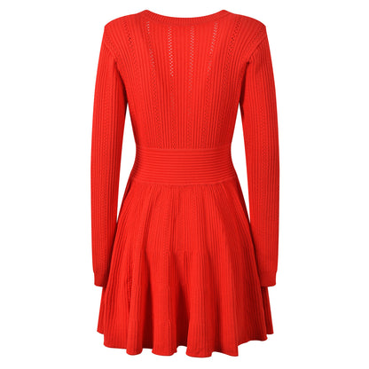 Women's Pure Color Elegant Heart Buckle V-neck Red Dress