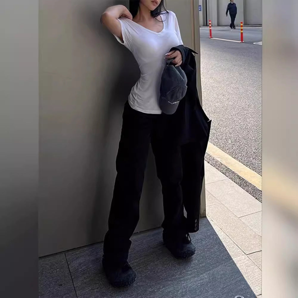 V-neck Shoulder Short Sleeve Waist-controlled Slimming Solid Color Top