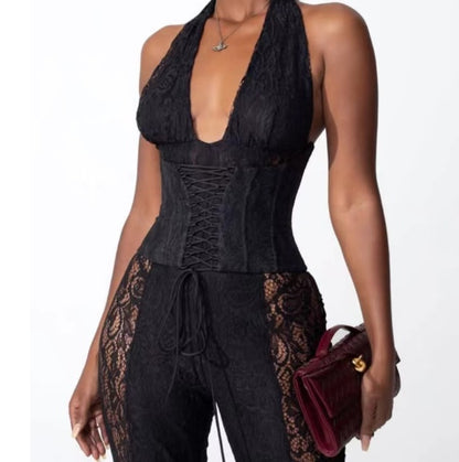 New Temperament Halter Black V-neck One-piece Trousers For Women