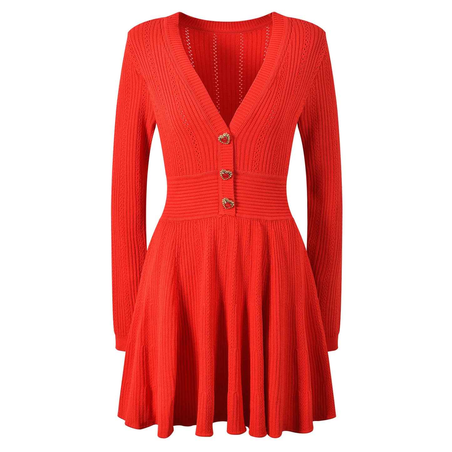 Women's Pure Color Elegant Heart Buckle V-neck Red Dress