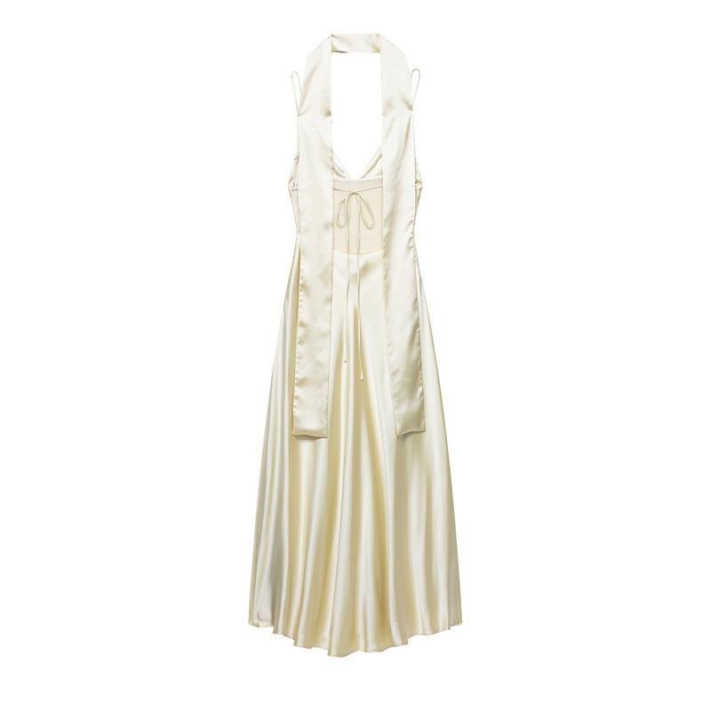 Thin Scarf With Silk Satin Texture Long Halter Dress