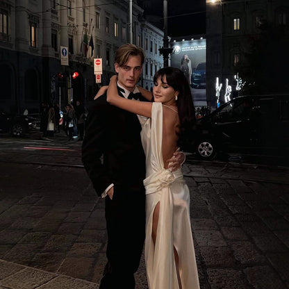 High Quality Satin Dignified Flowers Dress Split Dress