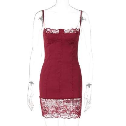 Lace Stitching Sexy Hot Girl Tight-fitting Cinched Hip Spaghetti Straps Dress