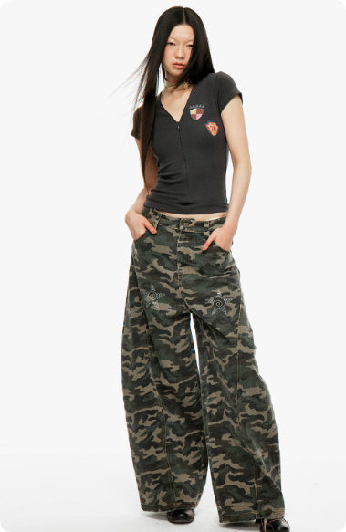 American Retro Jeans Camouflage Washed With Water And Hot Pressed Diamonds For Women