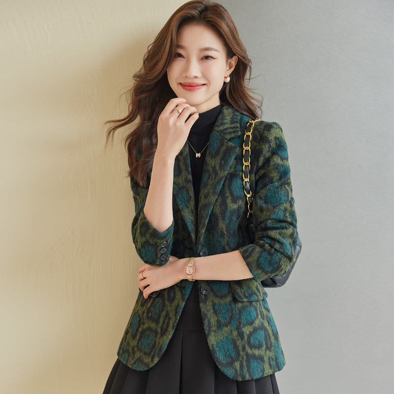 Business Suit Leopard Print Woolen Versatile Retro Coat