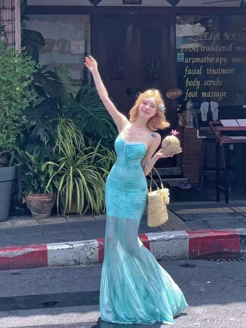 Lace Splicing Sling Vacation Style Slim-fit Fishtail Skirt Cinched Mesh