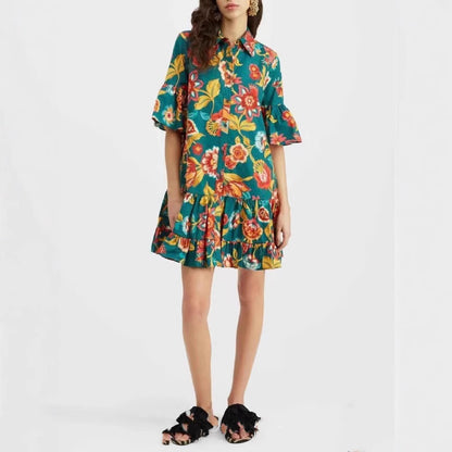 Women's Wear Bell Sleeve Printed Loose Casual Dress