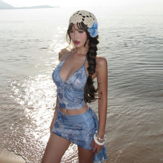 Seaside Vacation Style Printed Sequins Halterneck Vest Sheath Slim Fit Skirt Suit