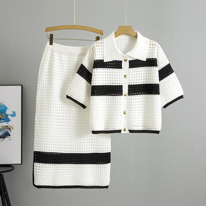 Knitted Short-sleeved Cardigan Midi Skirt Two-piece Set