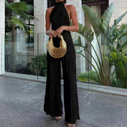 Women's Halter Elastic Waist Polyester Fiber Sleeveless Sports Suit