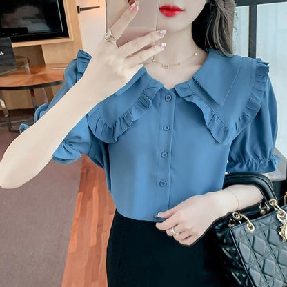 Double Doll Collar Short Sleeve Chiffon Shirt