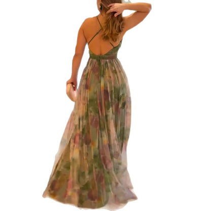 Women's Mesh Floral Print Suspender Dress