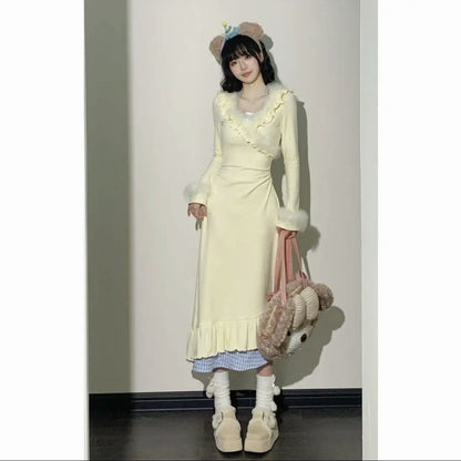 Pure Desire Style Sweet Dress Spring And Autumn Ruffled Waist-tight Slimming Sense Of Design V-neck Patchwork Fake Two Pieces