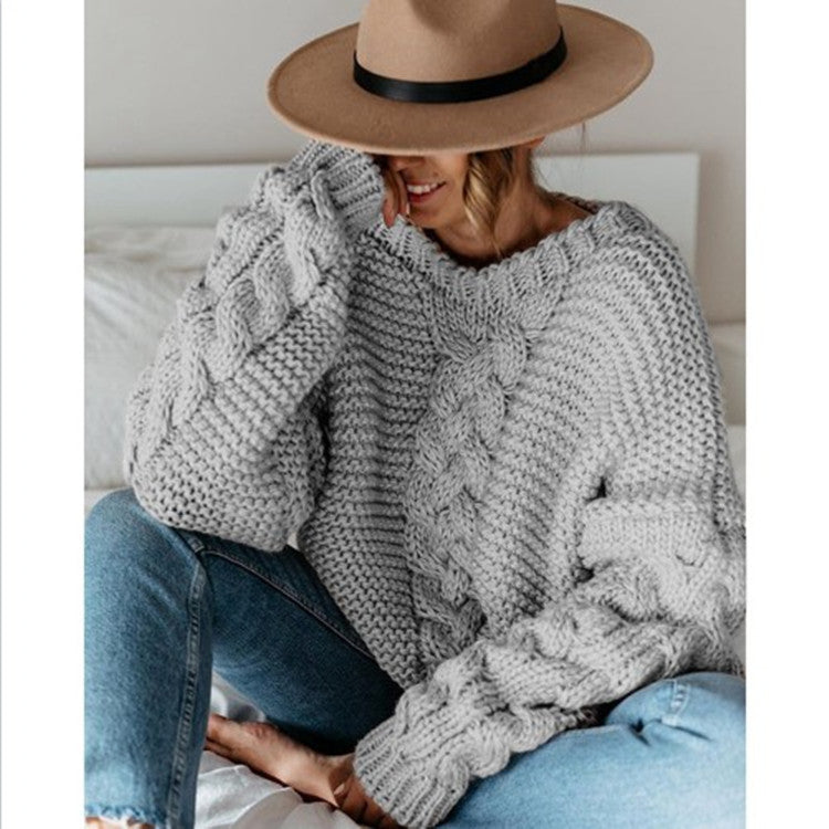 Solid color pullover round neck twist loose sweater