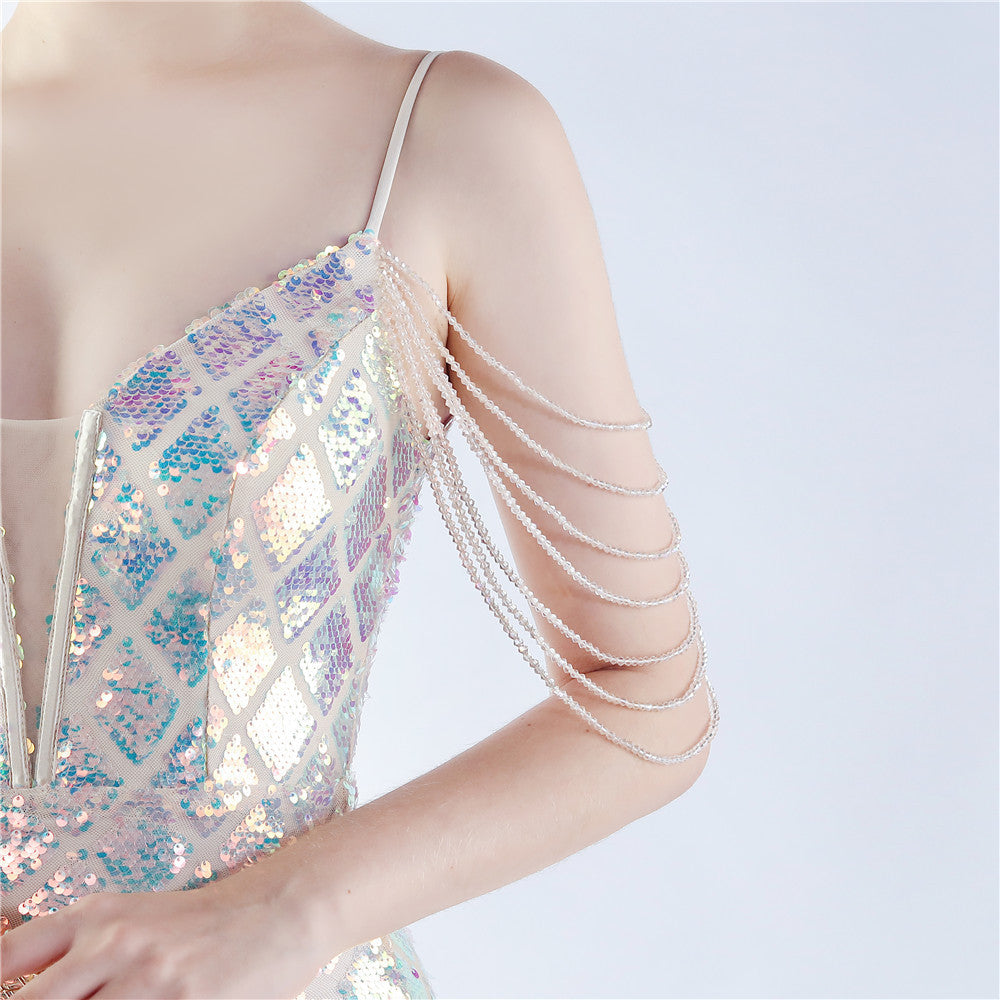 Fishbone Waist-tight Ratchet Tie Down Magic Color Sequin Craft Beaded High-end Evening Dress