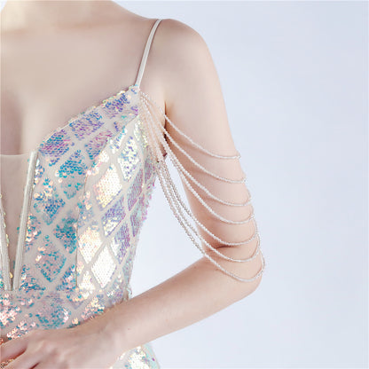 Fishbone Waist-tight Ratchet Tie Down Magic Color Sequin Craft Beaded High-end Evening Dress