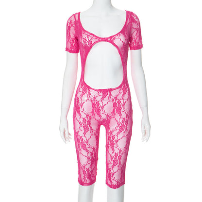 Women's Sexy Lace Stitching U-neck Short-sleeved Cropped Hollow Siamese Shorts