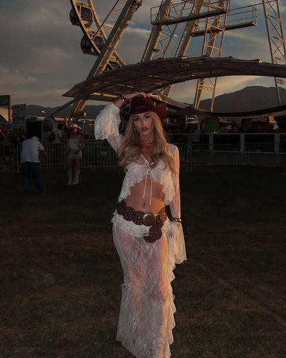 Ruffled Flared Sleeve Lace Navel Sexy Transparent Skirt