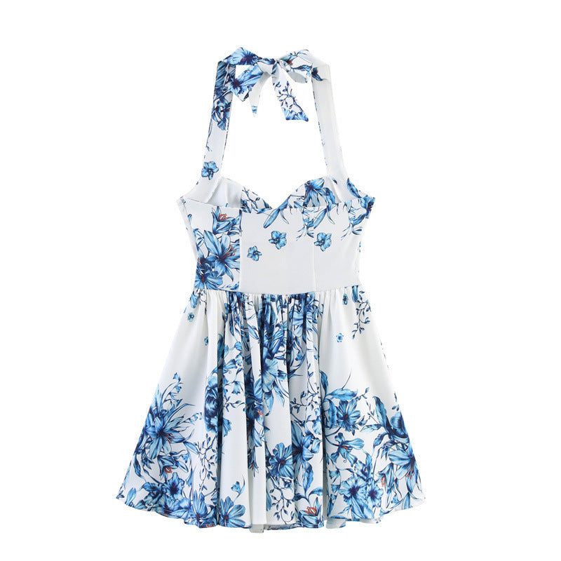 European And American Style Women's Fashion Sexy Hot Girl Printed Halter Dress