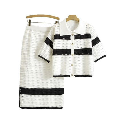Knitted Short-sleeved Cardigan Midi Skirt Two-piece Set
