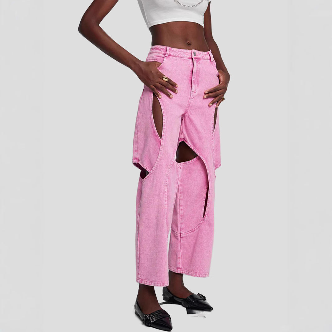 Women's American-style High Street Stitching Hole Worn Jeans